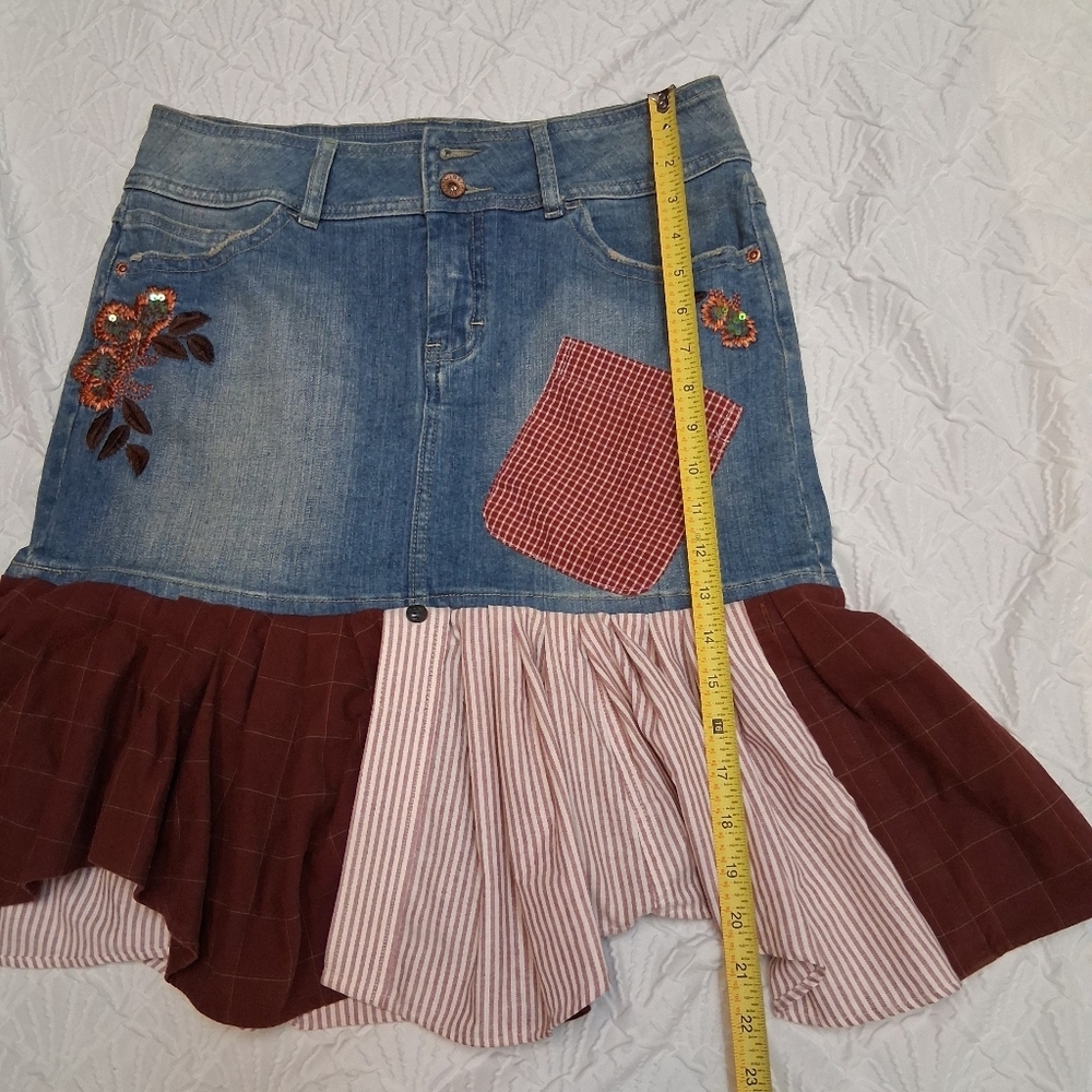 Clash Jeans Ash Patchwork Denim Mini Skirt in Blue, Brown and Cream Size L - Picture 10 of 16